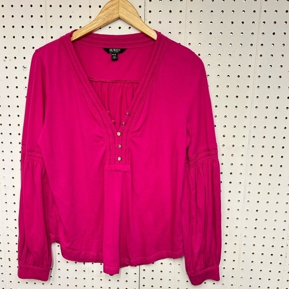 Ralph Lauren Pink Button Cuffed V-Neck Top - Picture 2 of 6